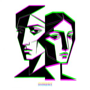 Divergence - prism artwork showing two geometric faces in black and white with magenta and green offset outlines.