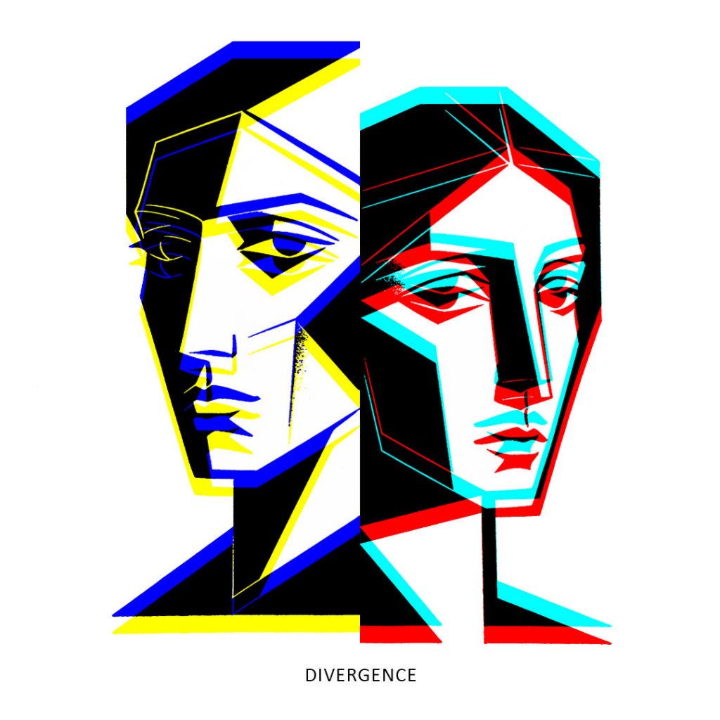 Divergence prism-revealed version showing left portrait with blue and yellow offsets and right portrait with cyan and red offsets.