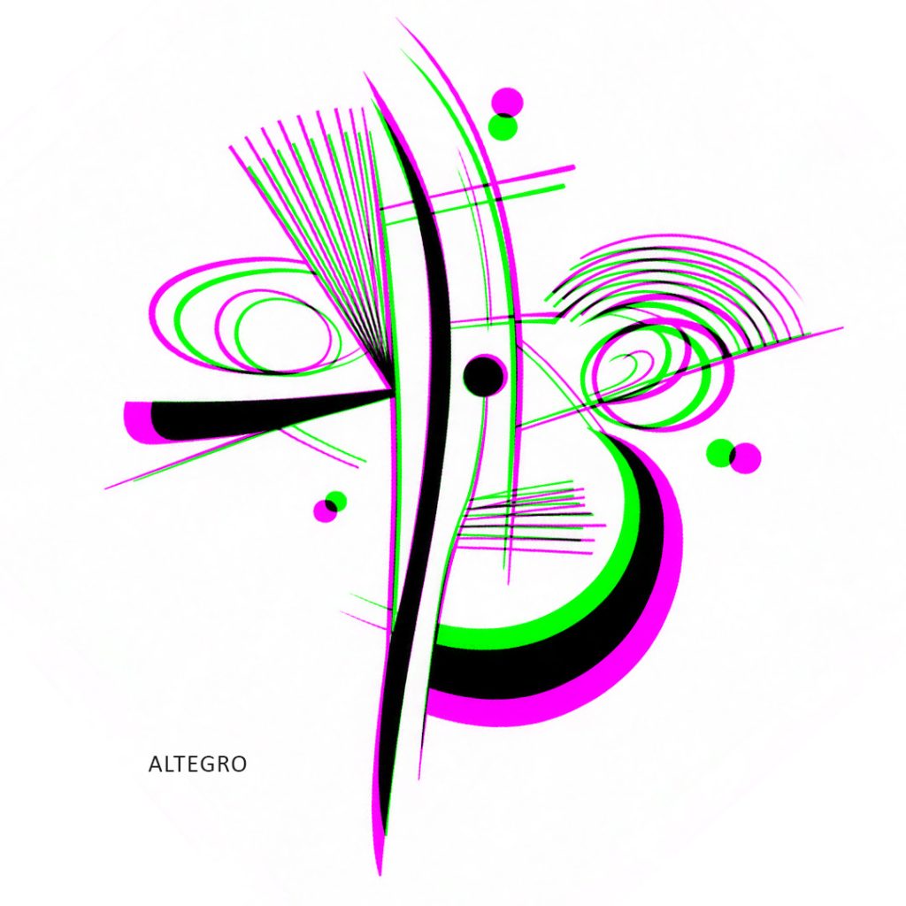 Altegro revealed through a prism, with the abstract geometric composition reduced to magenta, green, black and white.