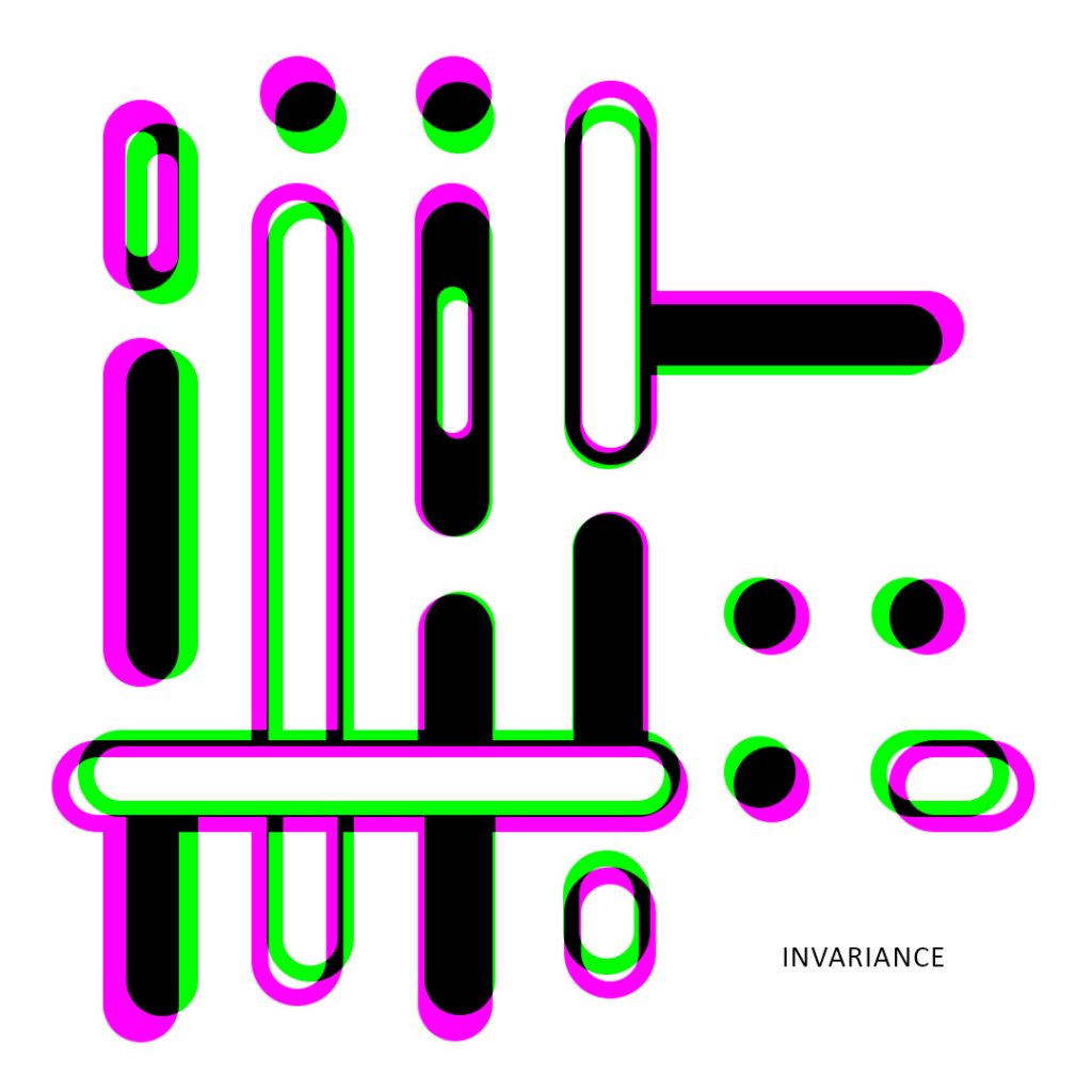 Prism-revealed abstract artwork with black geometric forms edged in magenta and green on white, showing circles, loops and rounded elongated shapes.