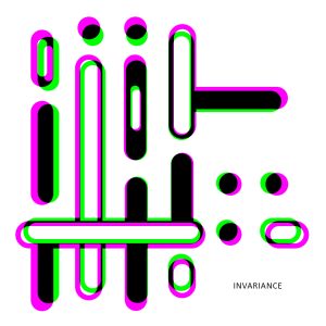 Prism-revealed abstract artwork with black geometric forms edged in magenta and green on white, showing circles, loops and rounded elongated shapes.